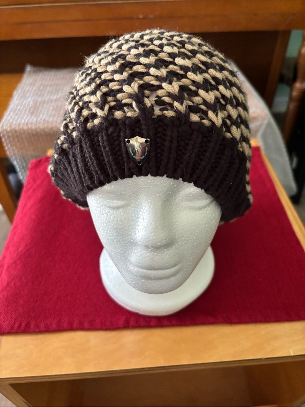 Source Unknown Chunky Knit Slouch Beanie - Brown & Cream